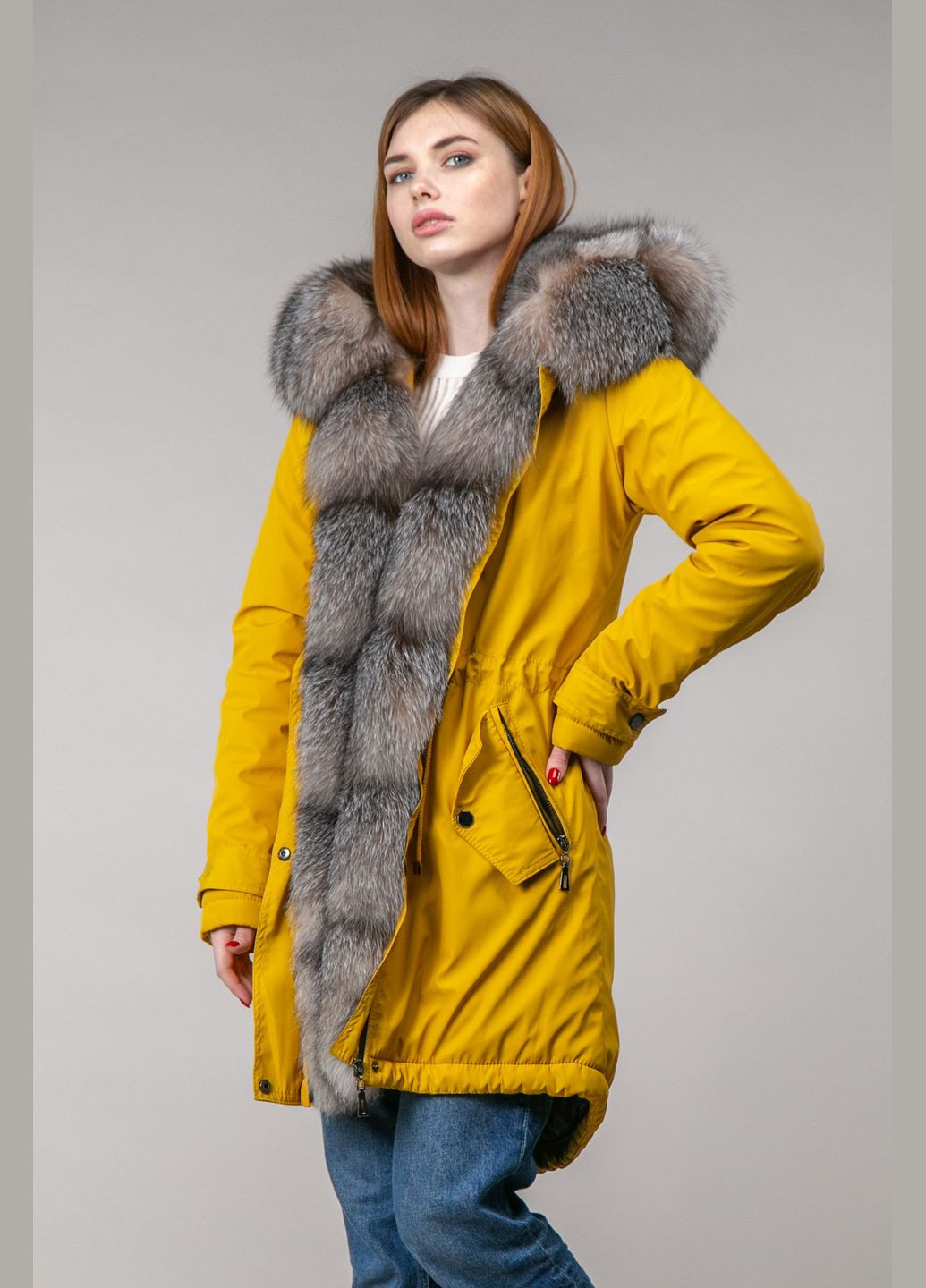 Парка зимова жовта з хутром блюфросту Chicly Furs (285739607)
