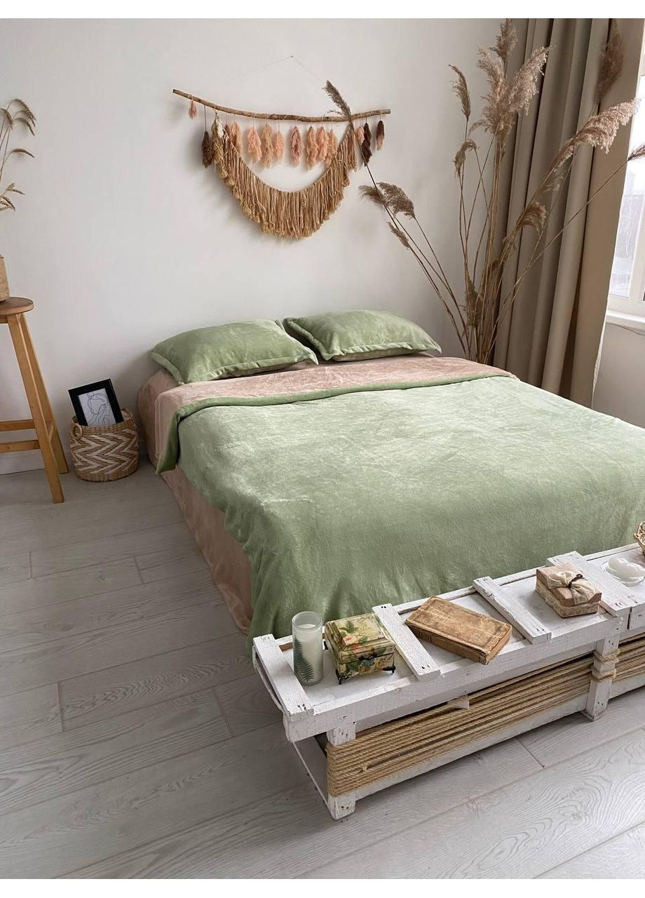 Постільна білизна з резинкою Бежевий + Оливковий, плюш Сімейний розмір, наволочки 70/70 No Brand (364219800)