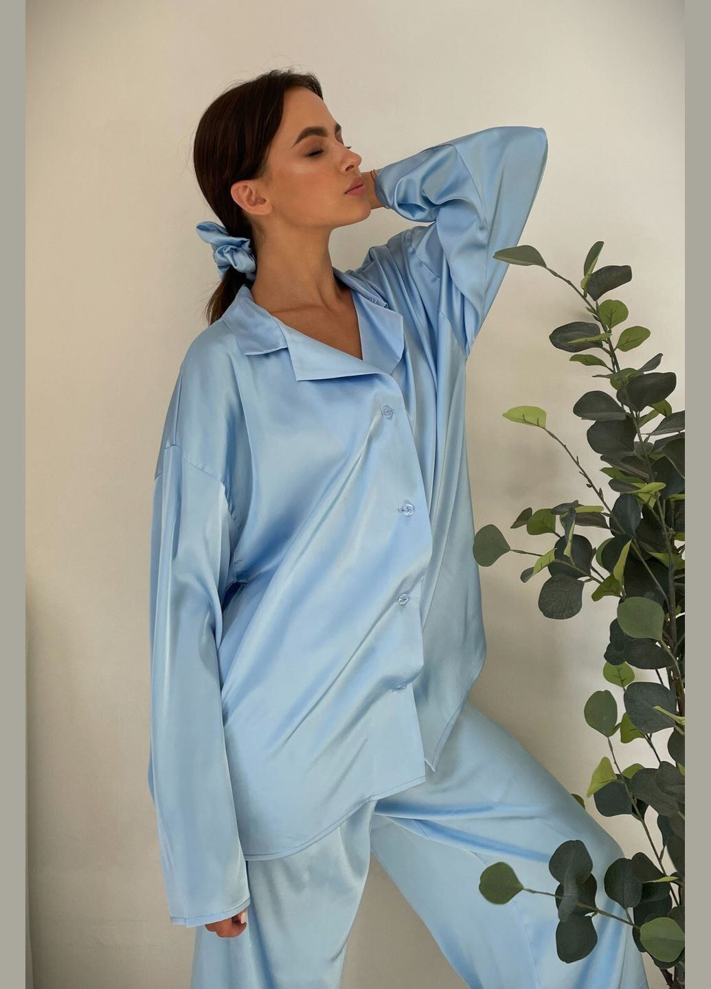 Синяя всесезон пижама шелковая женская "объятия" рубашка + брюки Without