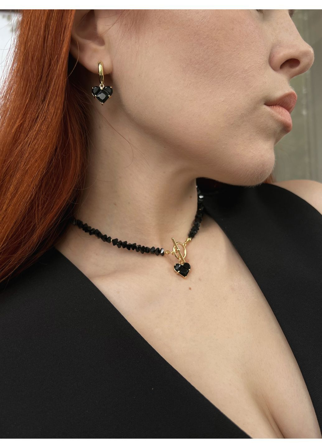Колье из черного хрусталя с сердцем подвеской. Подарок No Brand (363020055)