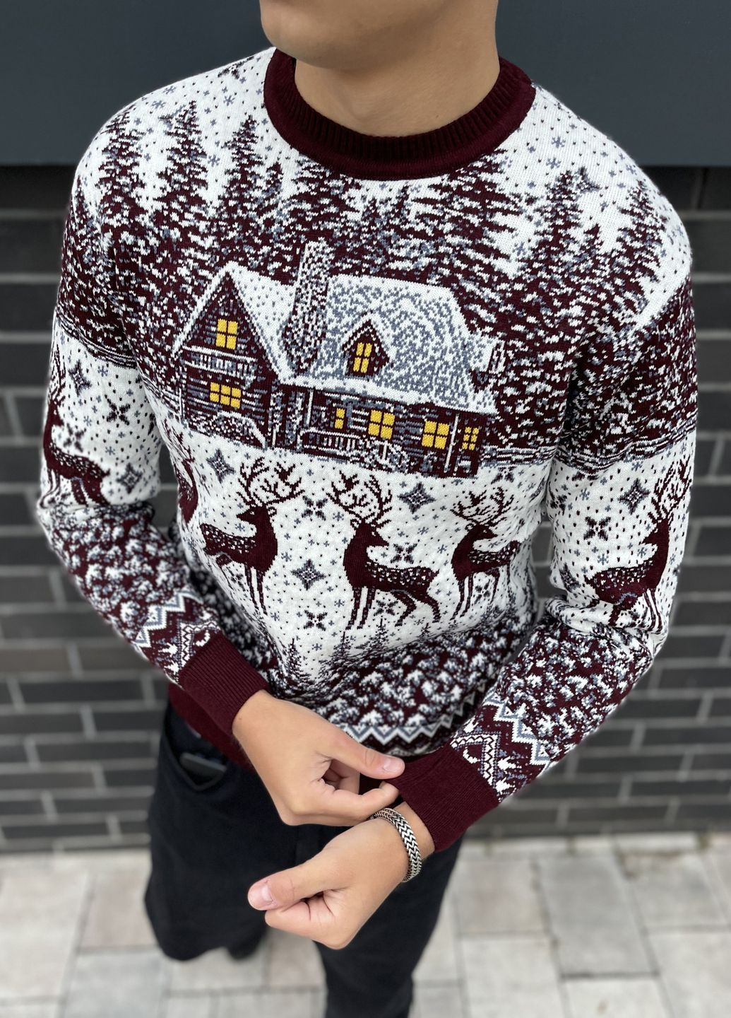 Бордовий зимовий чоловічий новорічний светр з оленями "big house" білий, під шию джемпер No Brand