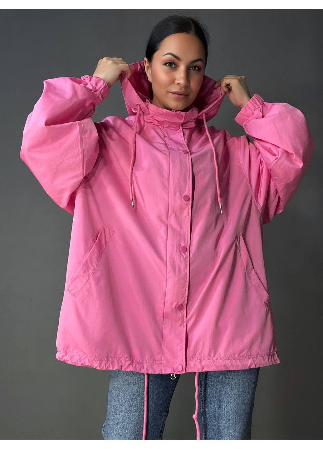 Рожева демісезонна куртка жіноча 9096-1 вітрівка оверсайз подовжена з капюшоном Lady yep