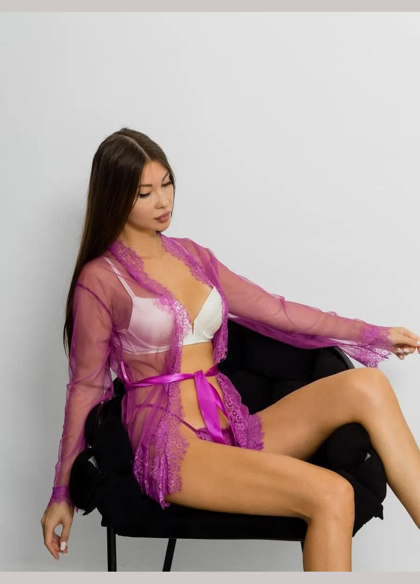 Халат Сабрина короткий полупрозрачный с кружевом соблазнительный трусики в комплекте No Brand Халат короткий Сабріна білий (342121882)