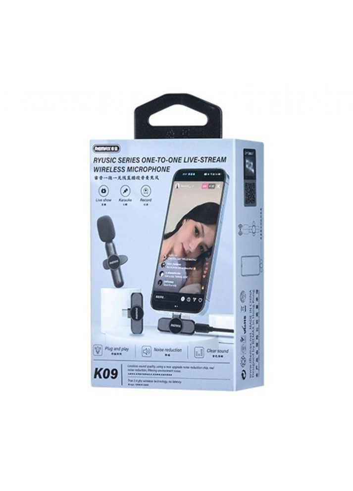 Петличный беспроводной микрофон K09 2.4GHz 6/8 часов работы LED индикатор,разъем Type C Black Remax (340935544)