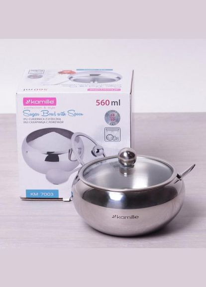 Сахарница 560мл нержавейка с ложкой и стеклянной крышкой Kamille (297366648)