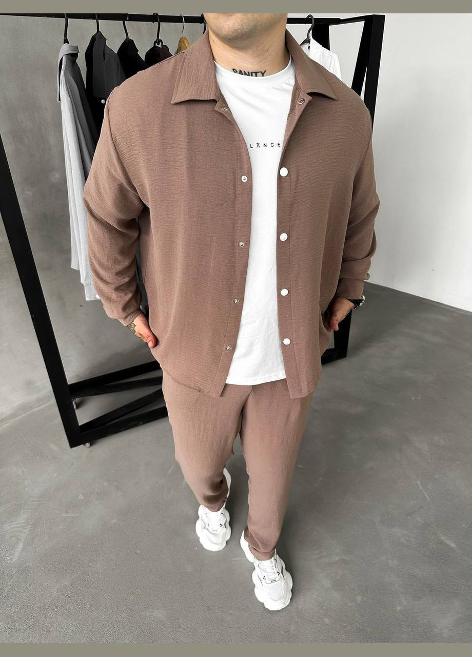 Темно-бежевый летний костюм: брюки и рубашка из легкого дышащего материала с рубашкой, брючный Україна
