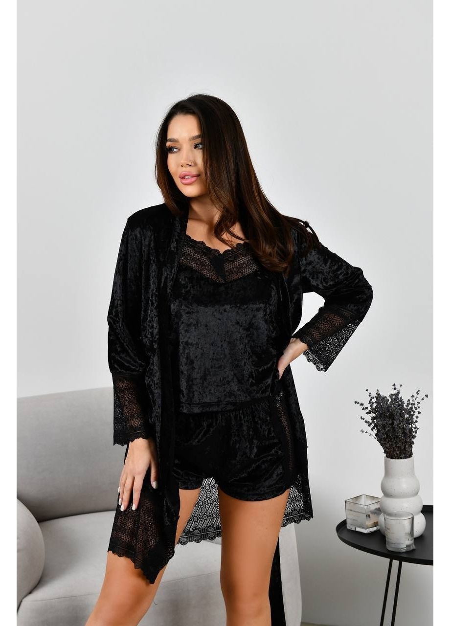Чорна піжама трійка мраморний бархат з мереживом,халат,шорти,майка Україна