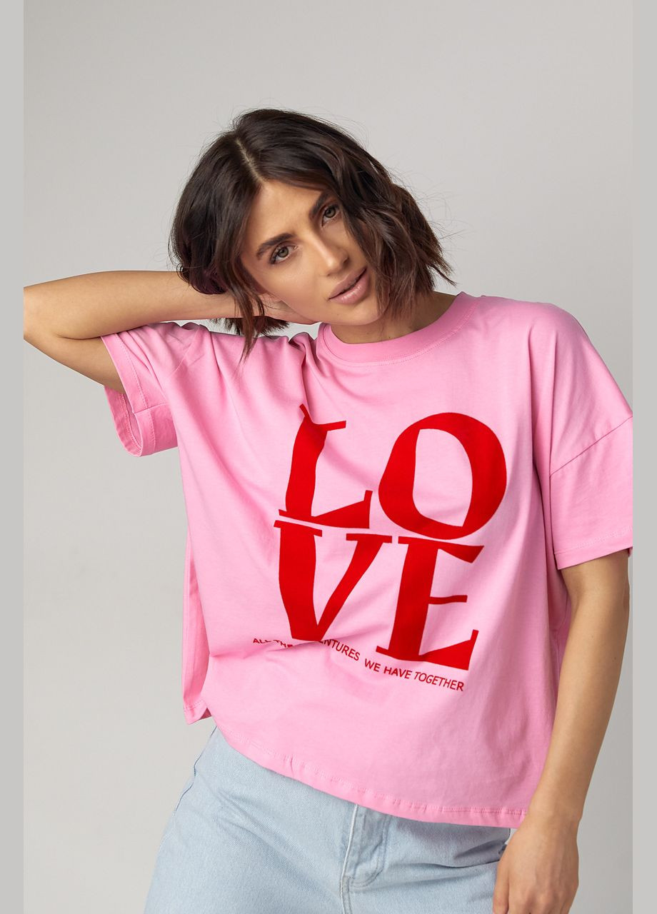 Рожева літня жіноча бавовняна футболка з написом love Lurex