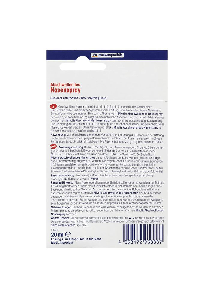 Назальный спрей от заложенности носа Abschwellendes Nasenspray 20 мл, от DM Mivolis (360655004)