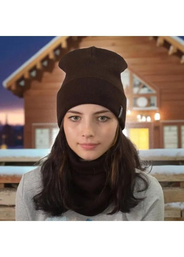 Молодежный комплект шапка лопата + бафф-снуд One Size, теплый двойной вязаный набор, коричневый No Brand (362961366)
