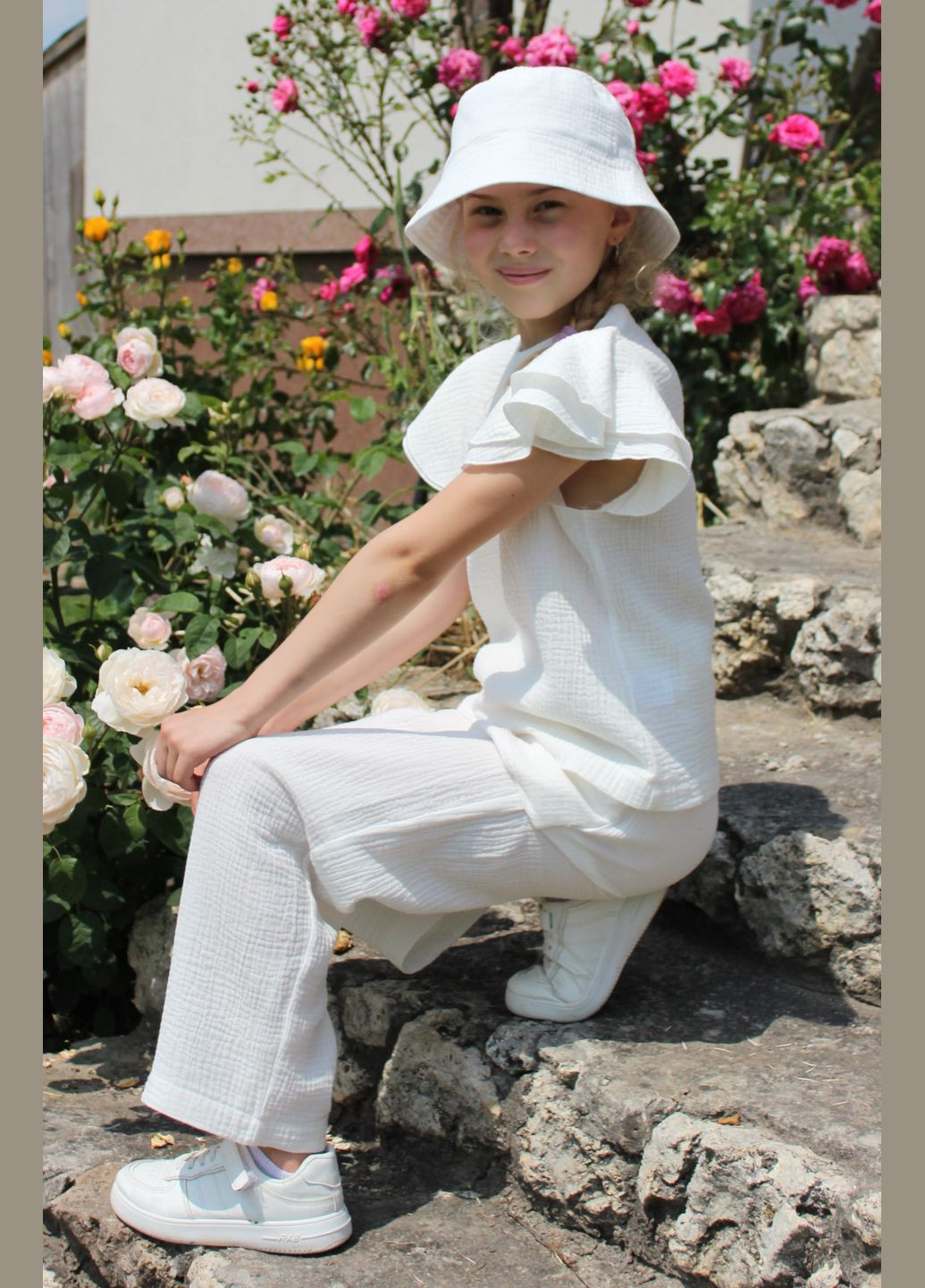 Молочный летний костюм муслиновый "марта" (молочный) брючный No Brand