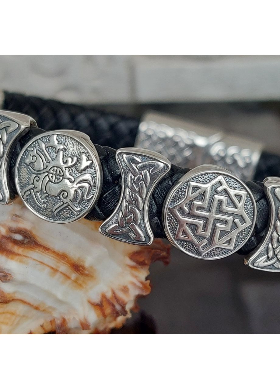 Браслет срібний Генеральський з рунами та плетеною шкірою No Brand (365818906)