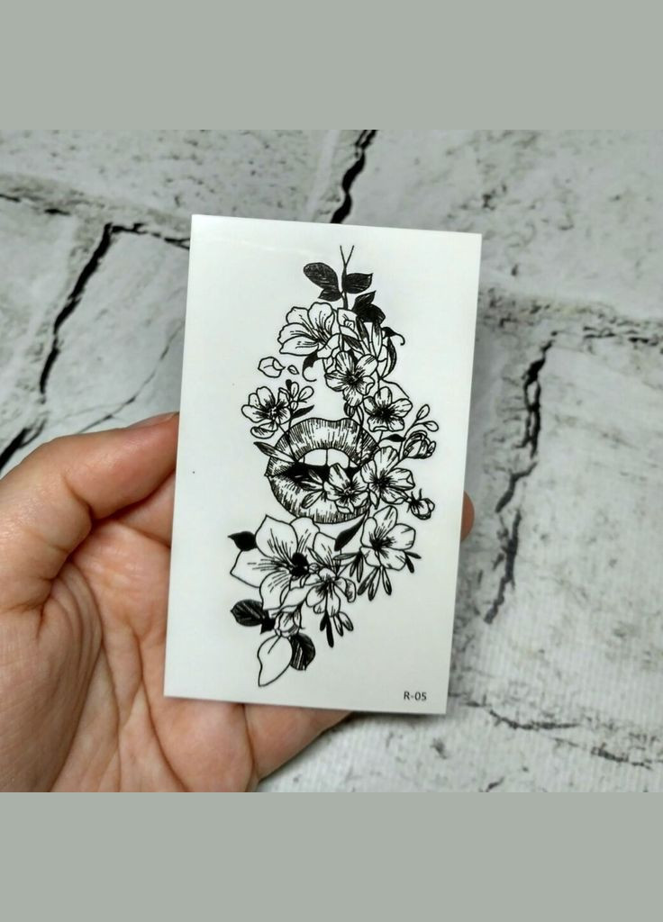 Флеш тату временная татуировка на тело Цветы 5,8х9,8 см Черно-белая No Brand (336212685)