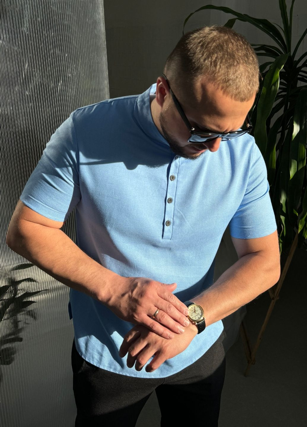 Голубой классическая, повседневный, кэжуал рубашка однотонная MonsterBrand