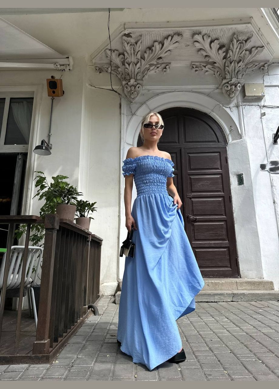 Голубое женское платье лен No Brand