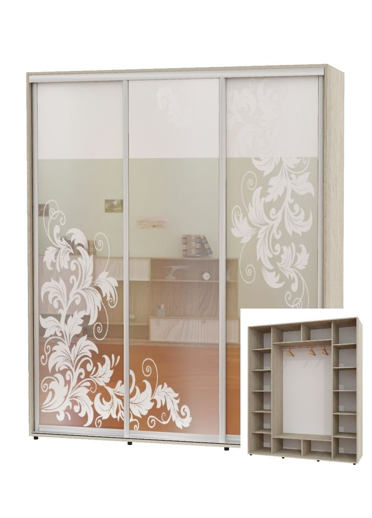 Шафа-купе тридверна 200*60*230 Дуб Шамони світлий Дзеркало з піскострумним малюнком ШК-05 Алекса (360453008)