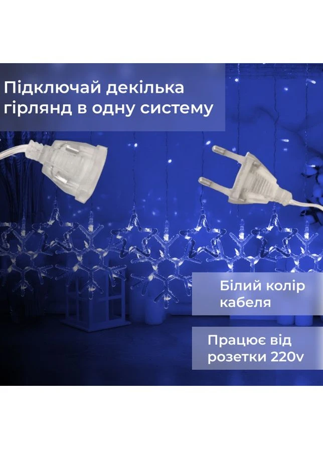 Гирлянда-штора Звезды и снежинки размер 3*0,9 м 10 фигур, синий GarlandoPro 1733066BL No Brand (363869173)