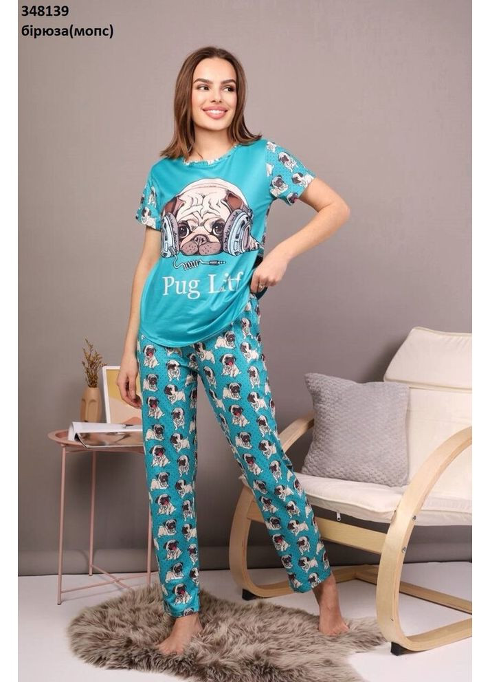 Бірюзова всесезон жіноча піжама мопс футболка + штани Saimeiqi