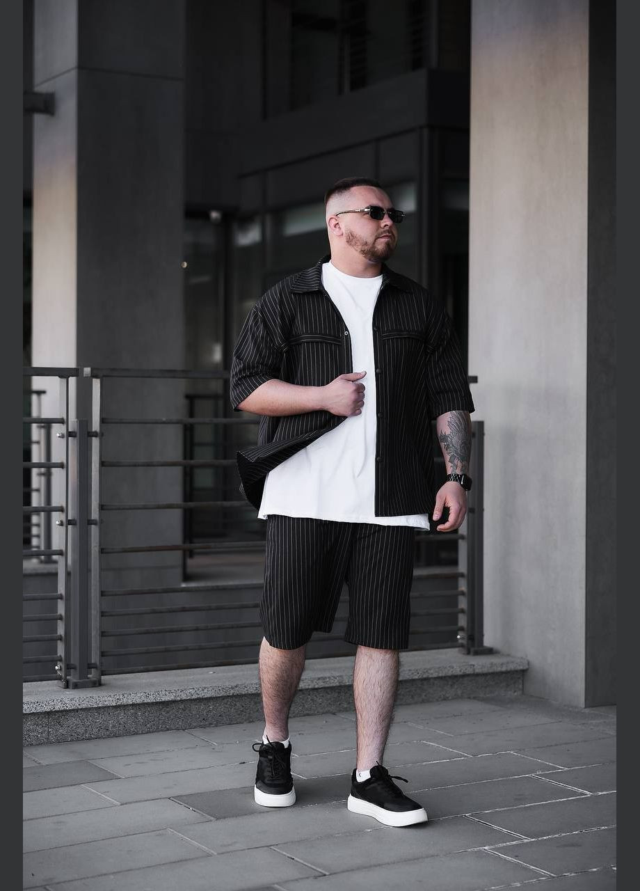 Чорний літній стильний костюм у смужку з шортами No Brand