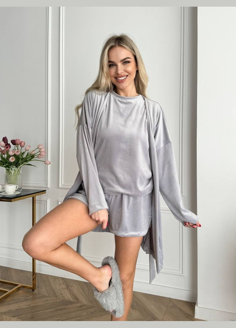 Светло-серая всесезон плюшевый пижамный костюм с халатом футболка + шорты Vakko