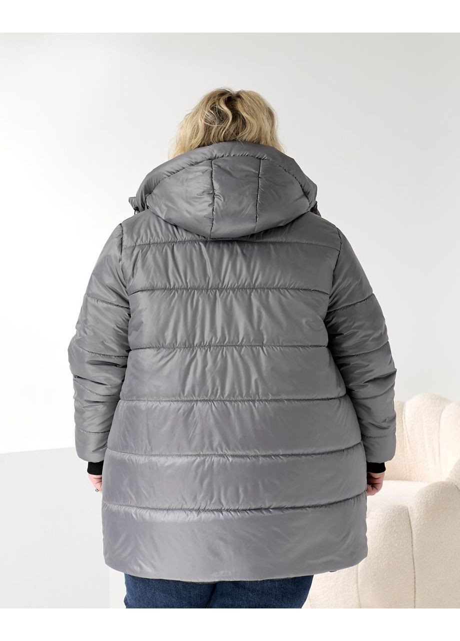 Сіре зимнє Жіноче утеплене пальто з капюшоном, оверсайз No Brand