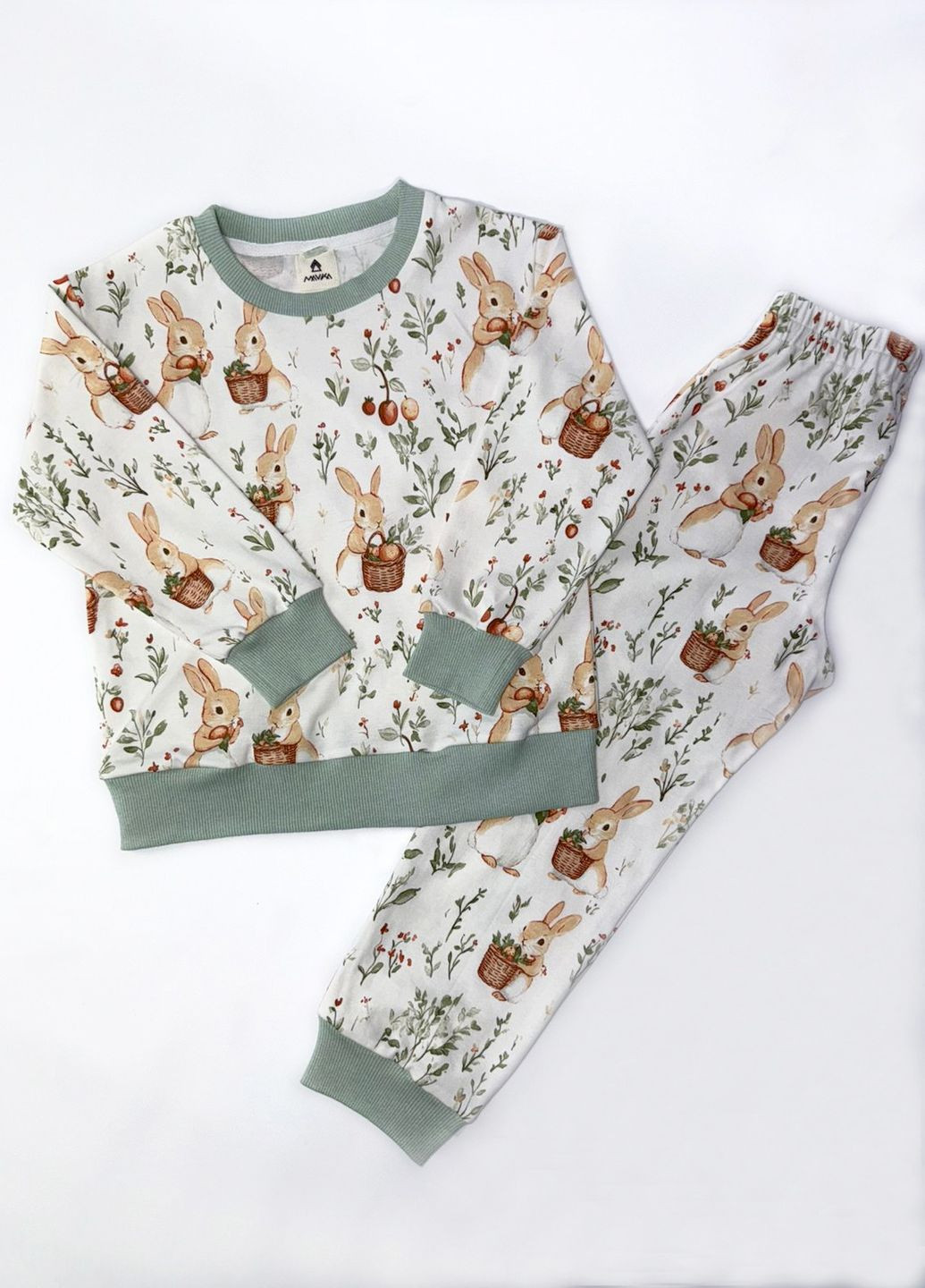 Комбинированная зимняя женская пижама трикотажная с зайчиками свитшот + брюки Мавка