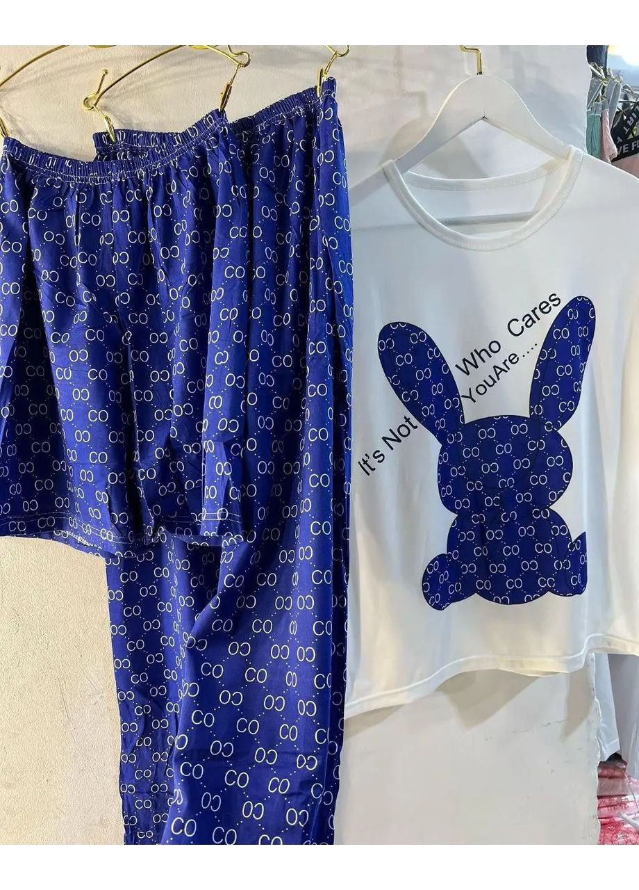 Синяя всесезон стильная женская пижама из бамбука 3в1 с принтом rabbit, элегантная пижама тройка рубашка штаны шорты футболка + шорты + брюки No Brand піжама з бамбука 3в1 з принтом rabbit рожевий