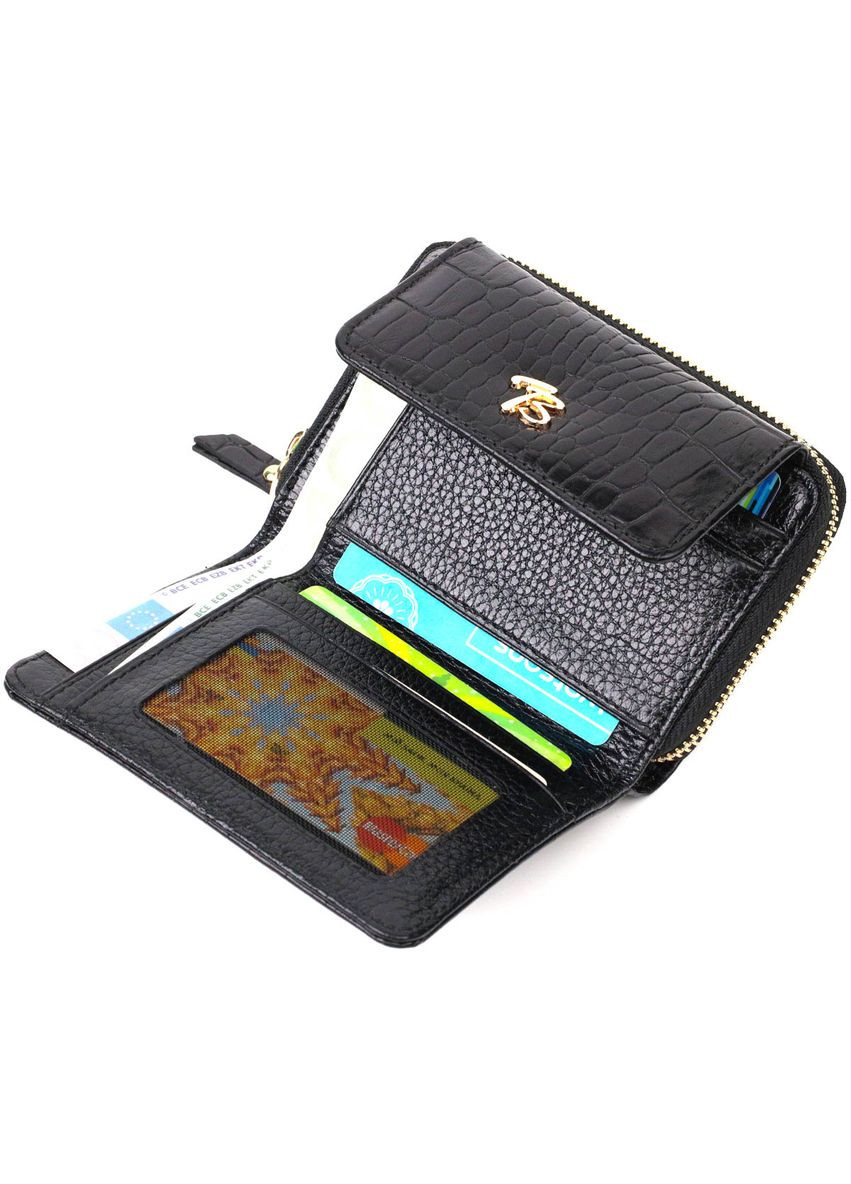 Компактный женский кошелек с монетницей из натуральной кожи двойного сложения черный Tony Bellucci (352167595)