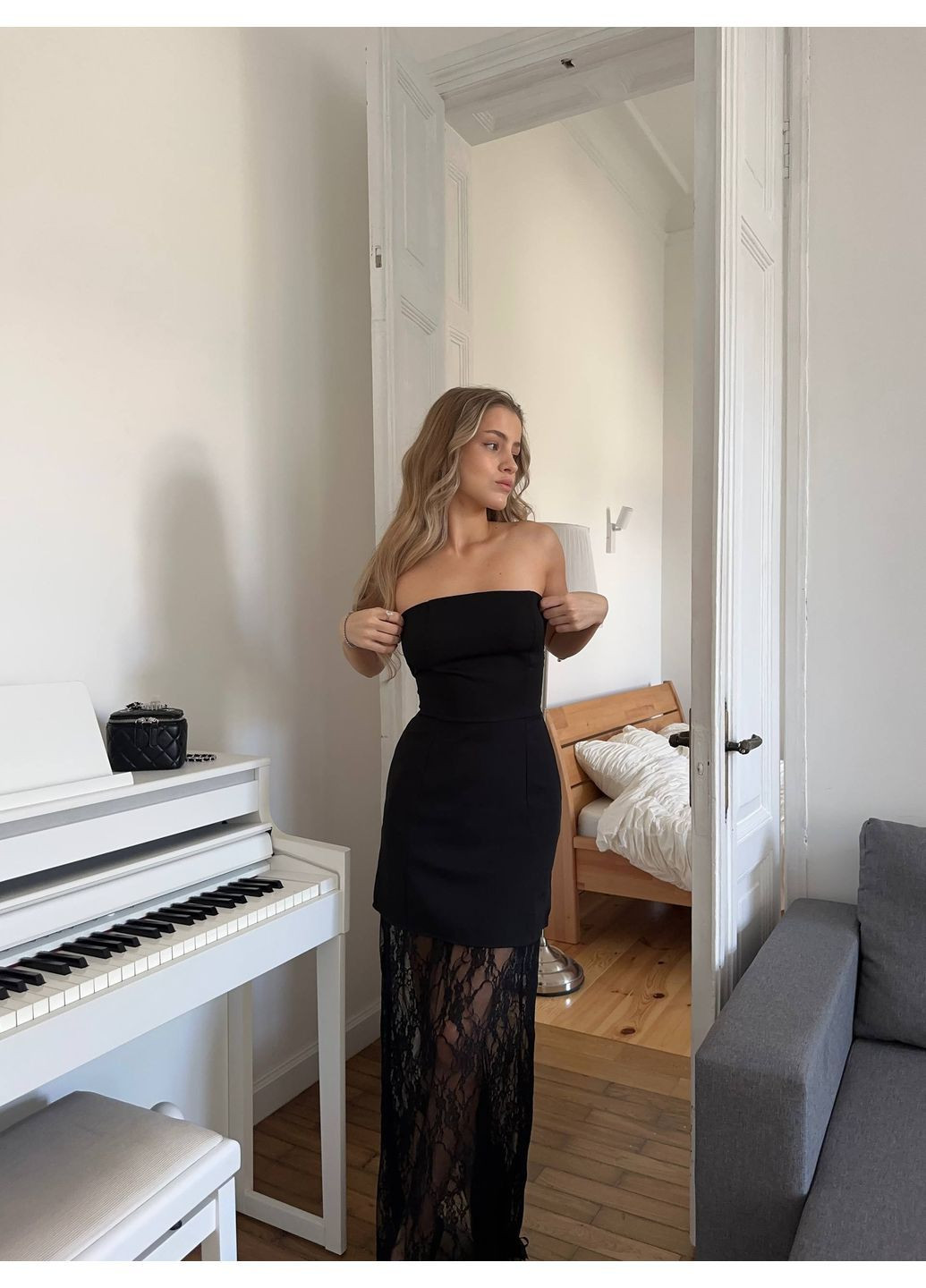 Черное праздничный женский комплект платье + кружевная юбка No Brand