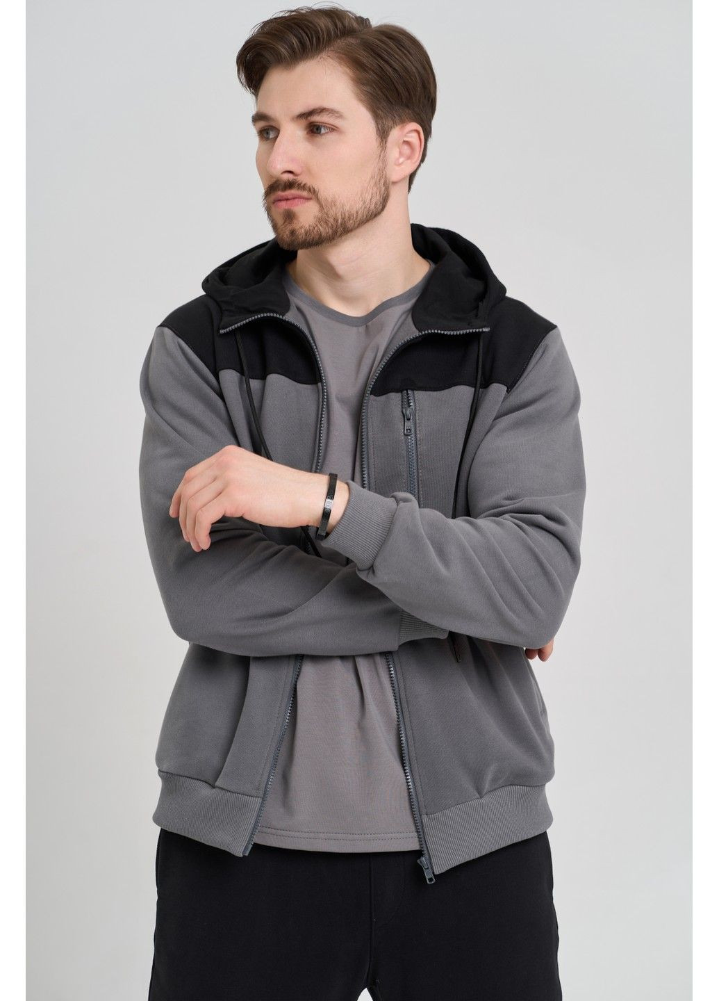 Спортивный костюм мужской ТРОЙКА весна осень HW CLUB с кофтой на замке + футболка серый черный Handy Wear (293275160)