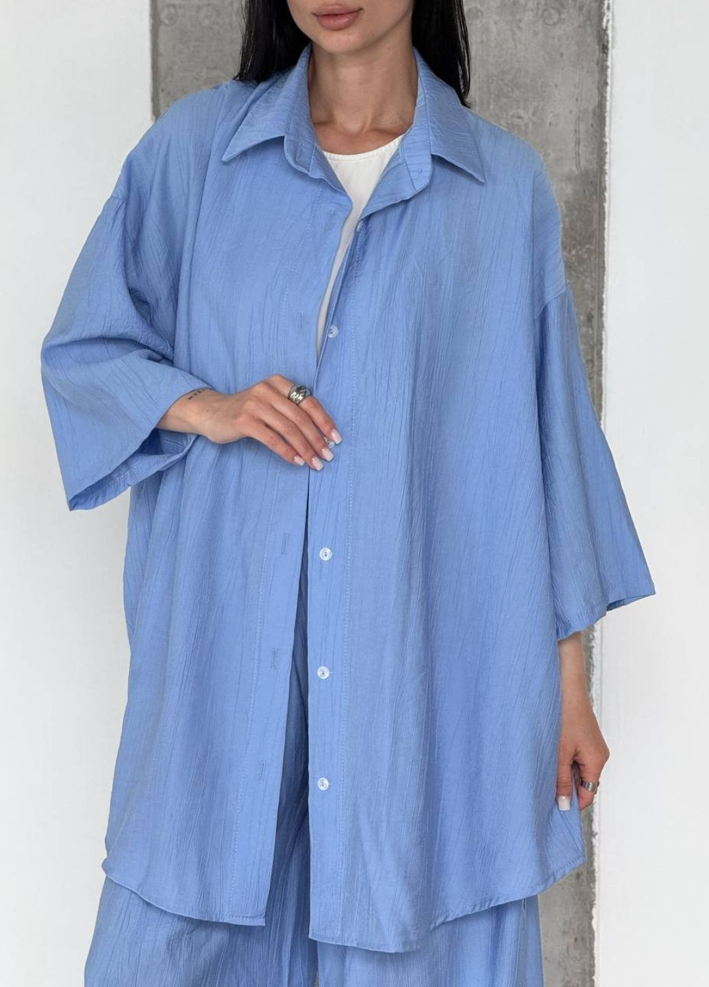 Изысканный легкий летний жатый оверсайз костюм двойка: рубашка + штаны Tik-Tak (350607371)