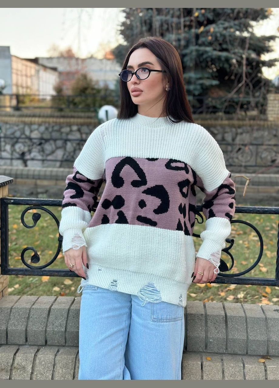 Молочний демісезонний об'ємний жіночий светр-туніка Fashion