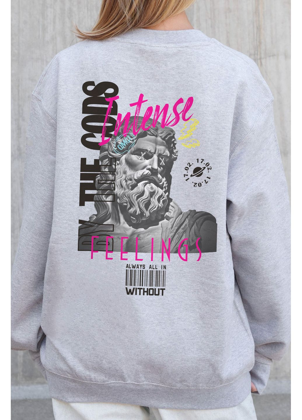 Серый женский утепленный оверсайз свитшот на флисе с принтом feelings Without однотонный без декора (366740679)