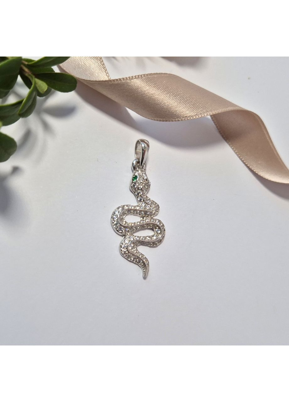 Срібна підвіска Кулон Змія в Білих Каменях з зеленими очима родоване срібло 925 проби 38098р 3.00г Nobrand (372792889)