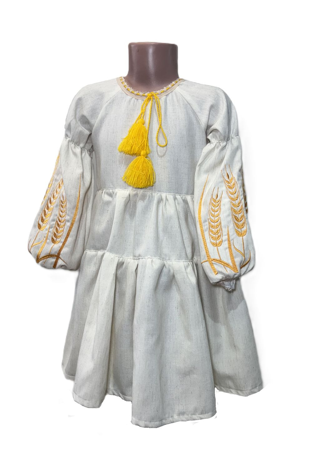 Бежевая льняное вышитое платье для девочки колосочки бежевое НоКо узор цветочный лен (327223678)