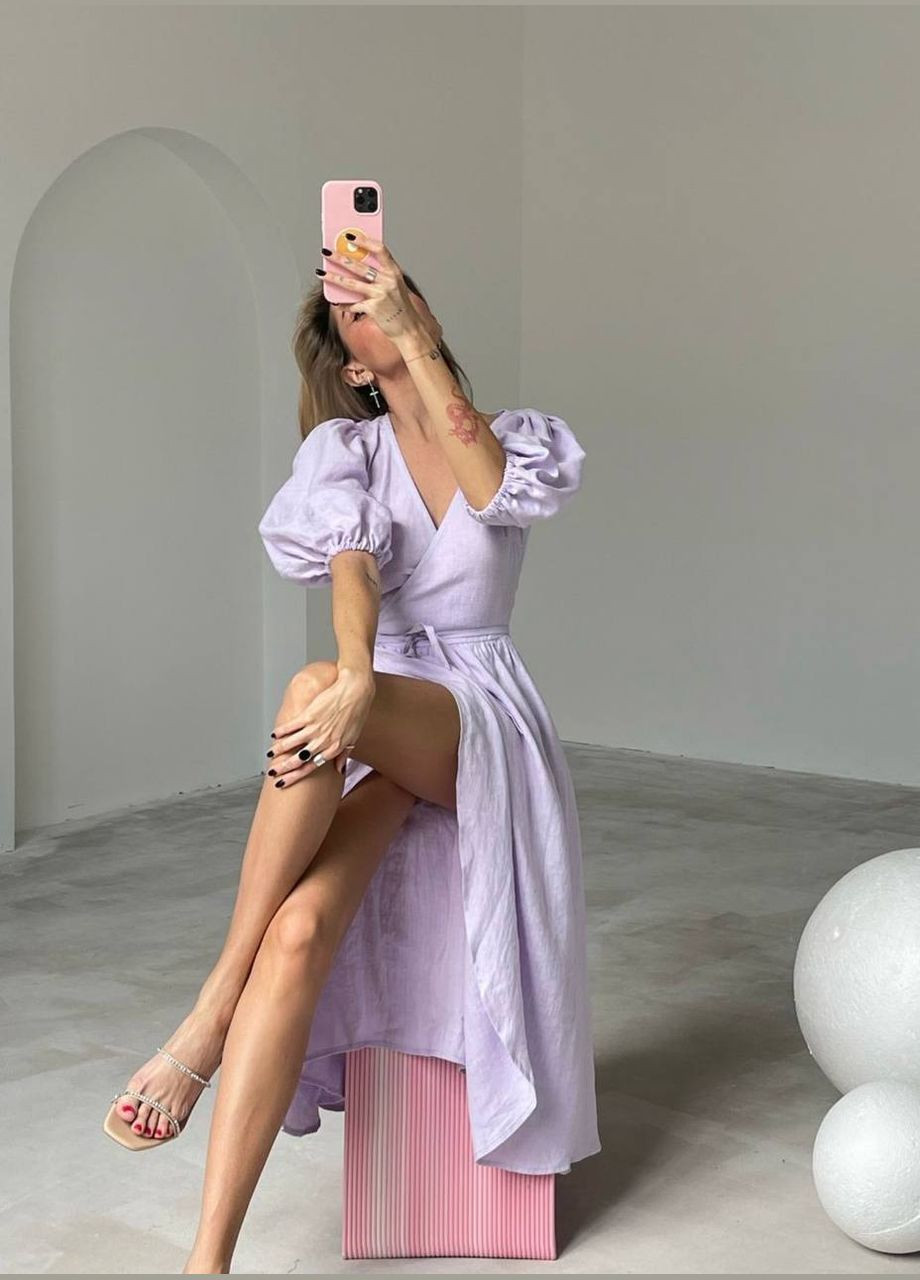 Лавандова кежуал льняний сарафан на запах на запах Adelante однотонна