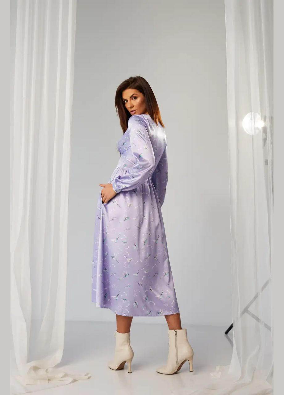Лілова сукня жіноча шовкова міді в принт колібрі ліловий mkbs2118 Modna KAZKA