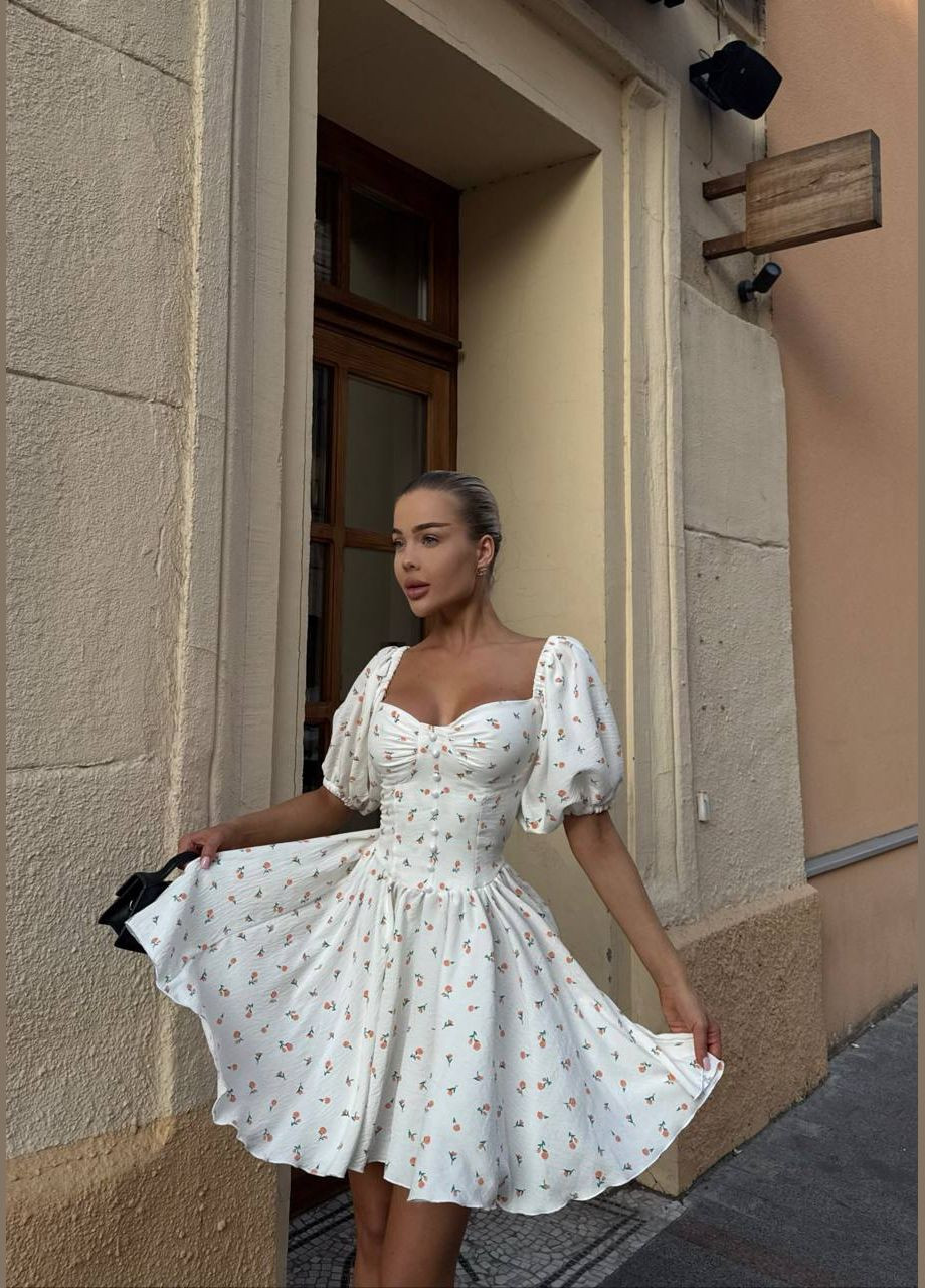 Белое белое в розовый цветок повседневное платье из коттона с открытыми плечами и спиной No Brand с цветочным принтом