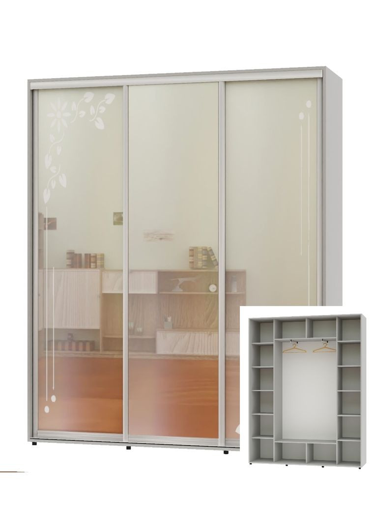 Шафа-купе тридверна 220*45*220 Сірий 2 Дзеркала з піскострумним малюнком/Дзеркало ШК-05 Алекса (360478902)