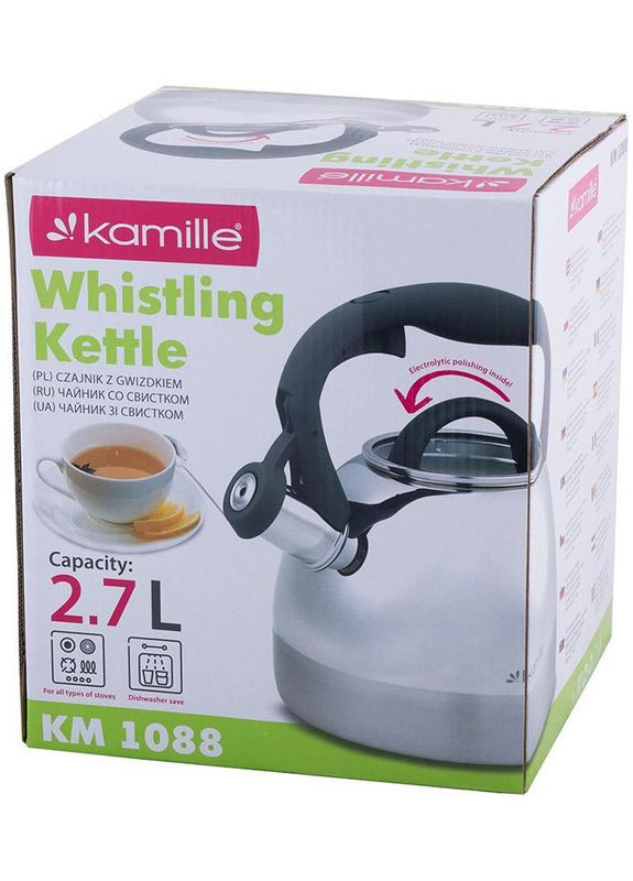 Чайник Whistling Kettle 2.7л з нержавіючої сталі зі свистком і скляною кришкою (сіра ручка) Kamille (329895207)