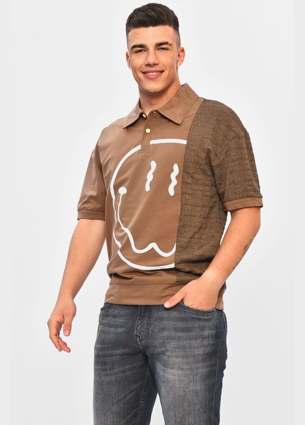 Коричнева футболка чоловіча напівбатальна коричневого кольору з принтом Let's Shop