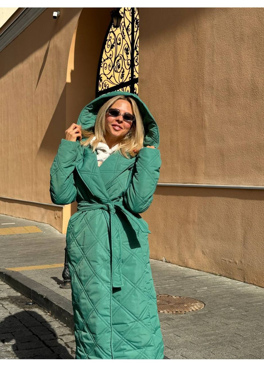 Зелене демісезонне Довге тепле жіноче пальто з капюшоном Україна