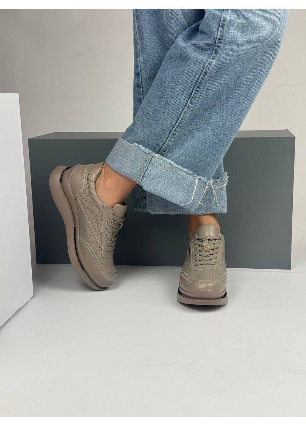 442 Кросовки Кожаные Бежевые с перфорацией KDSL бежевые лето (343274248)