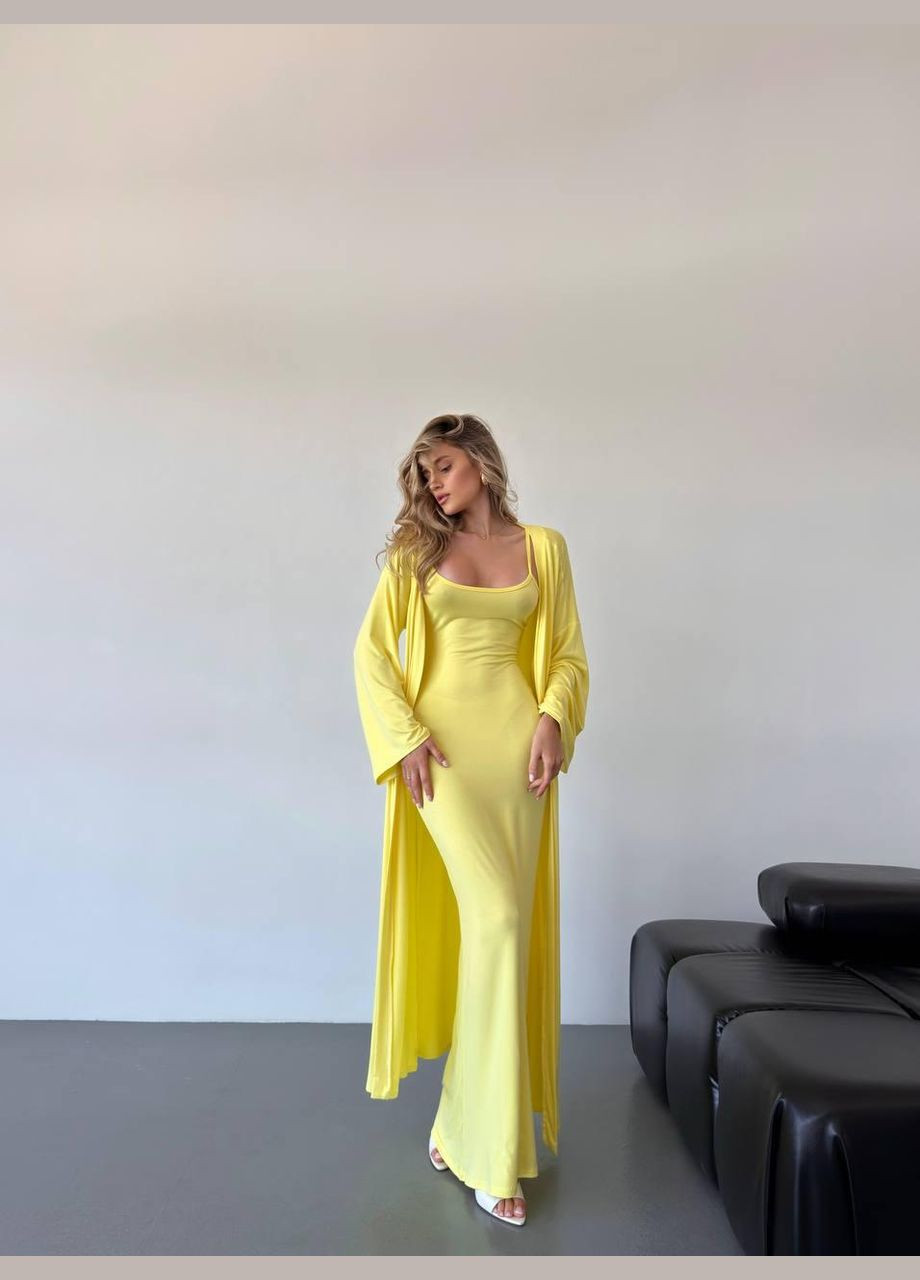 Желтое повседневный платье женское - однотонное, длина макси + кардиган JUGO однотонное