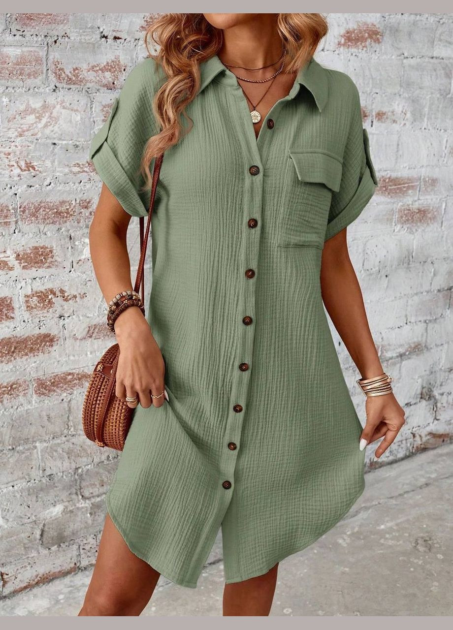 Оливковое платье рубашка муслин на пуговицах No Brand