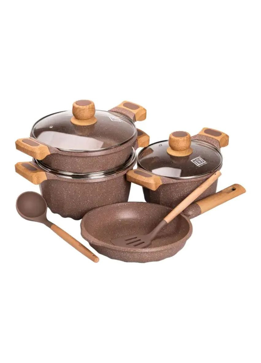 Набір посуду, 3 каструлі, товстодонне алюмінієве дно з лопаткою та ополоником, кавовий HP-4-401CO (A-033014) MGC (342759087)
