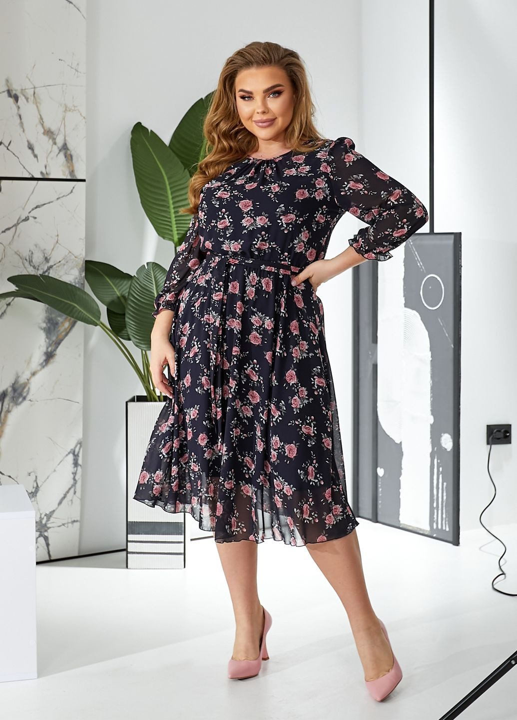 Чорна повсякденний, кежуал шифонова сукня з довгими рукавами кльош, дзвін No Brand з квітковим принтом