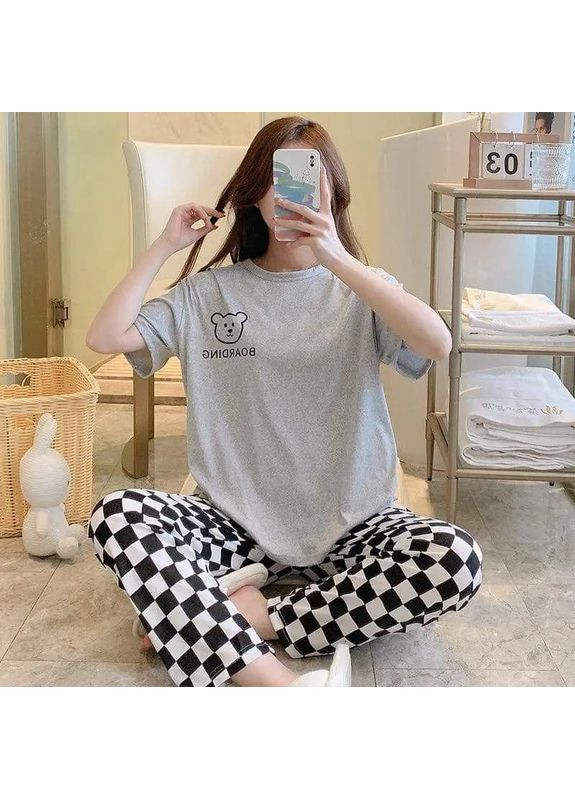 Серая всесезон бамбуковый комплект футболка свободного кроя и штаны в клетку, стильная пижама базовая, пижама для дома и сна футболка + брюки No Brand Бамбуковий комплект футболка вільного крою кофе