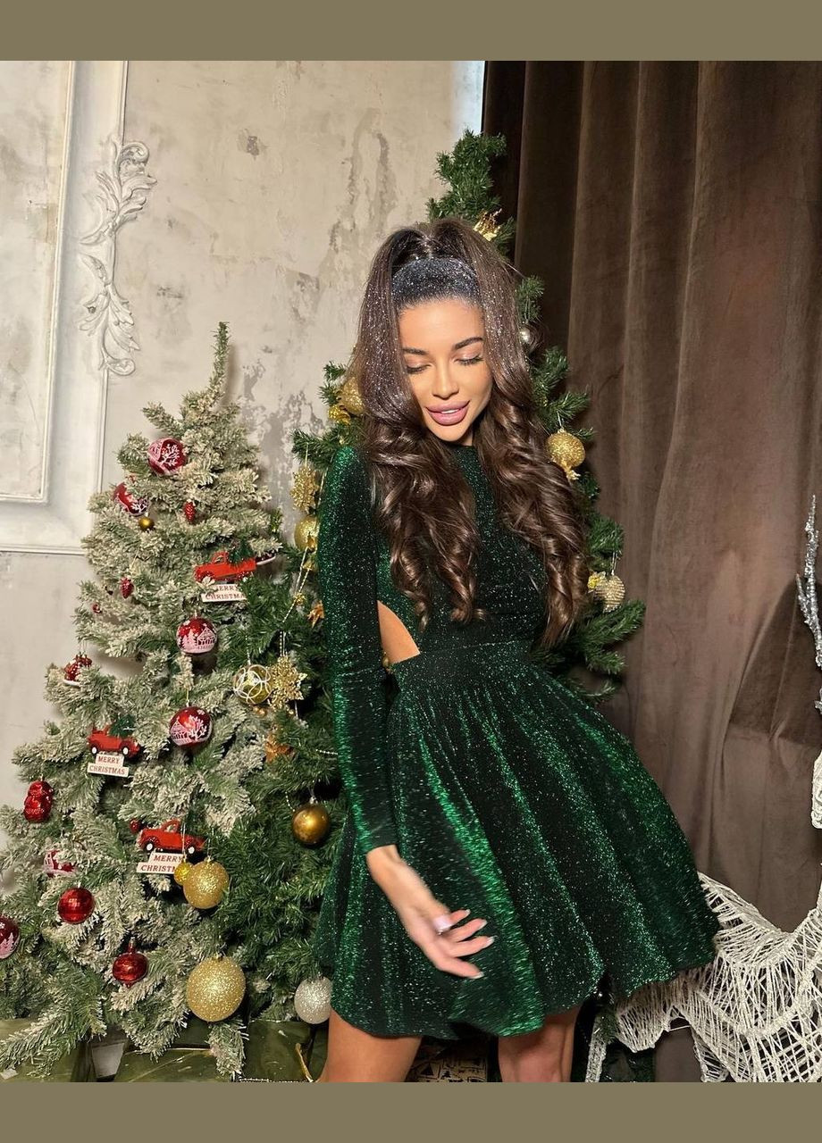 Зеленое блестящее платье зеленого цвета из трикотажного люрекса с длинным рукавом и открытой спиной, идеально для праздников No Brand