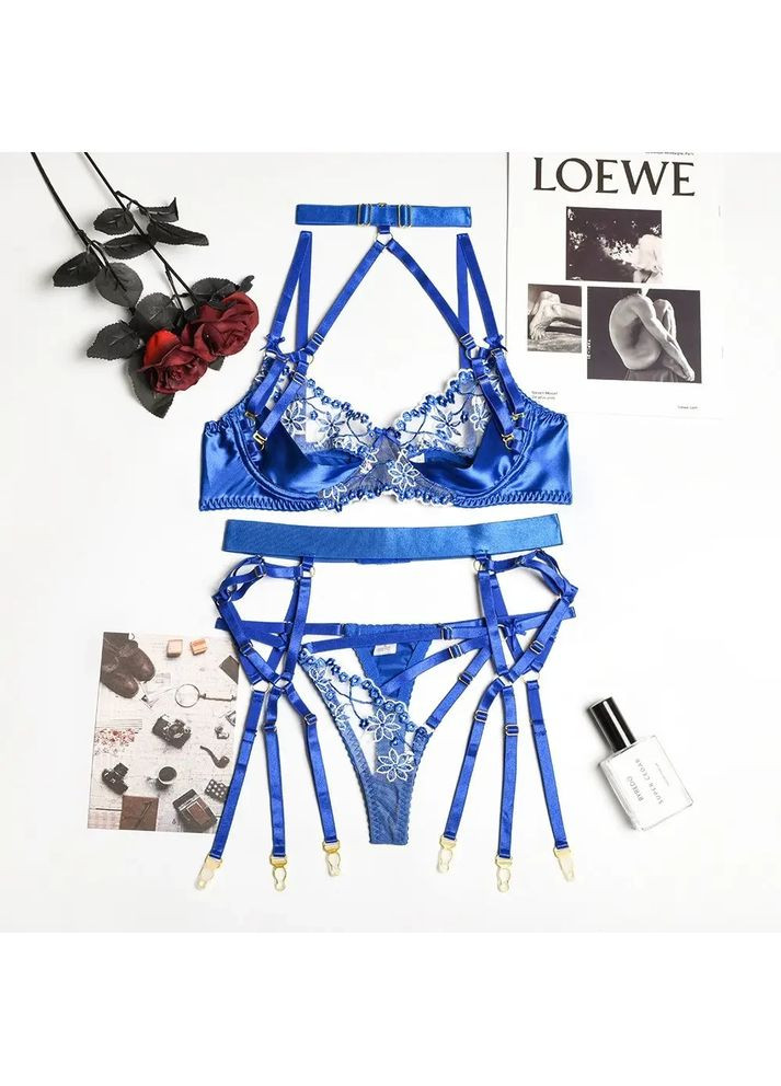 Синий демисезонный кружевной комплект с поясом. кружевное нижнее белье. сексуальное прозрачное женское нижнее белье для интима China